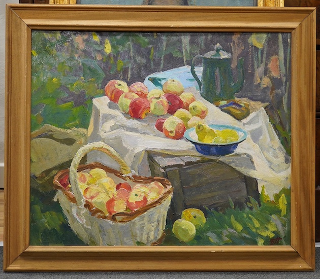 Boris Nakhalov (1925-2008), oil on board, Still life of fruit and vessels, monogrammed, 56 x 67cm. Condition - good